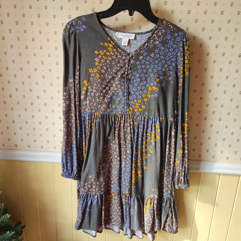 Treasure & Bond Long Sleeve Floral Dress - Gray, Blue, Yellow